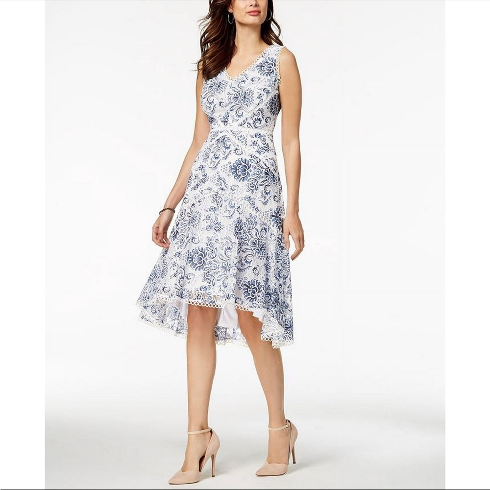Taylor Elegant Blue and White Lace Floral Dress